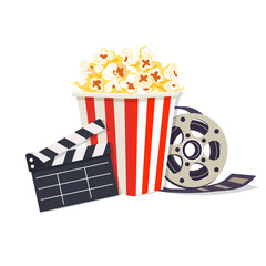 Popcorn, movie tape and clapper on isolated white background. Elements on the theme of the movie theater. Vector illustration.