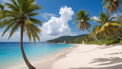 Beautiful beach. View of nice tropical beach with palms around. Holiday and vacation concept. Tropical beach.