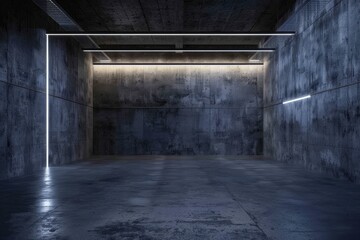 Fototapeta na wymiar A minimalistic and spacious industrial interior with concrete walls and floor, subtly lit by strip lighting at the ceiling edge.