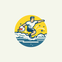 Soccer player with ball on the water. Vector illustration in flat style