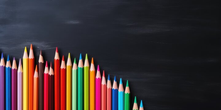 Colored pencils on chalkboard background. Top view and copy space