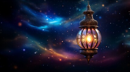 A celestial Islamic Ramadan celebration lantern floating in the vast expanse of space