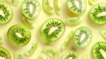 Fototapeta premium Set of realistic kiwi fruit slices in a seamless pattern on a colored background.