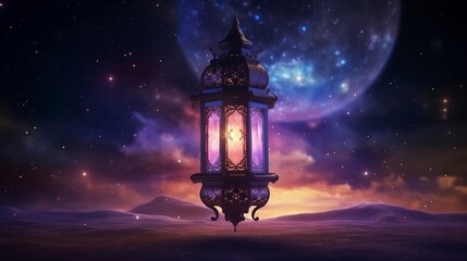 A celestial Islamic Ramadan celebration lantern floating in the vast expanse of space