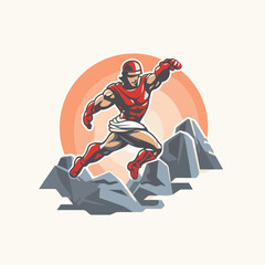 American football player running with ball on the rocks. Vector illustration.