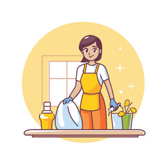 Housewife in apron cleaning the house. Vector flat illustration.