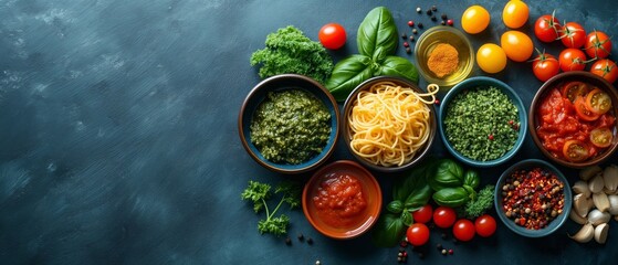 Obraz na płótnie Canvas Food background with spaghetti recipe ingredient on blue texture background