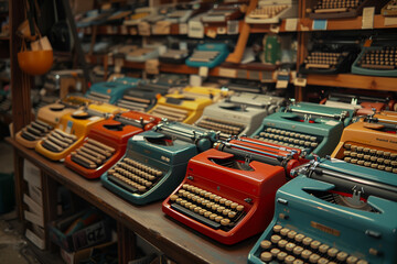 A shelf filled with vintage typewriters, each one a symbol of a bygone era in a nostalgic antique store. - obrazy, fototapety, plakaty