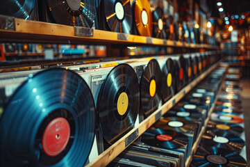 A wall adorned with vintage vinyl records, each cover a piece of musical history in a retro record store.