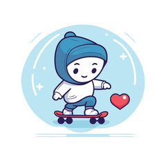 Cute little boy riding skateboard with heart. Vector illustration.