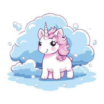 cute unicorn with clouds and snow cartoon icon vector illustration graphic design