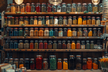Shelves adorned with colorful jars of artisanal spices, creating a sensory feast in a gourmet grocery shop. - obrazy, fototapety, plakaty