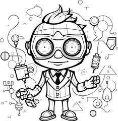 Black and White Cartoon Illustration of Kid Boy Student with Different Science Related Items