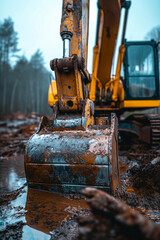 Fototapeta premium Yellow excavator scooping up dirt and debris at construction site