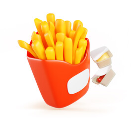 3d golden french fries in red paper box, ketchup and cheese sauce in plastic packaging flying on white background. Fast food snack, fry potato, crispy chips, unhealthy fatty eating. 3D illustration