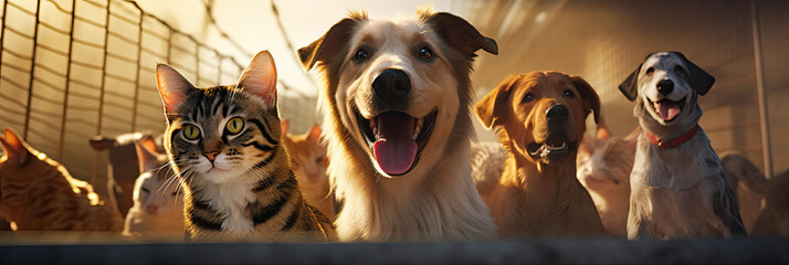 Group of Dogs and Cats Standing Together - obrazy, fototapety, plakaty