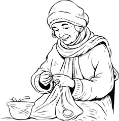 Vector illustration of an elderly woman in a warm sweater and hat with a bowl of soup