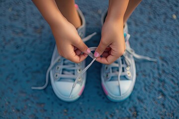 Close-up of a girl's hands tying her shoelaces.