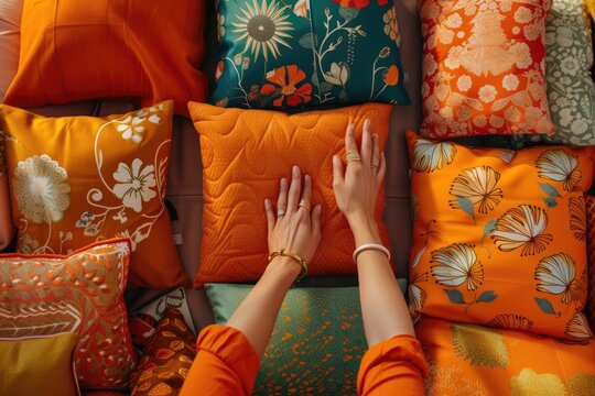 A woman laying out patterned pillows in the living room, emphasizing the role of textiles in home decor.