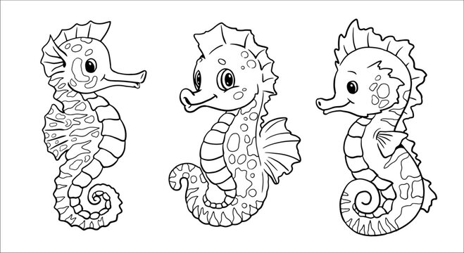 Set with funny seahorses to color in. Vector template for a coloring book with sea ​​animals. Coloring template for kids.