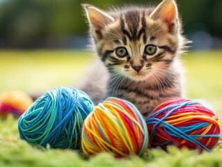 Fototapeta na wymiar Small Kitten Surrounded by Yarn Balls