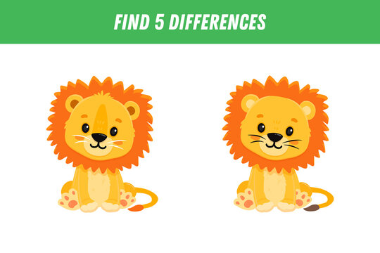Find three differences between two pictures of cartoon lion. Cute king lion. 