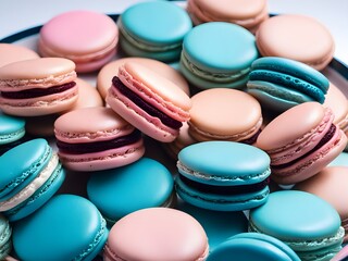 Obraz premium wallpaper background with blue and pink colorful macaroons on a baby shower party table