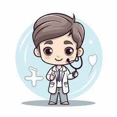 cute boy doctor cartoon with stethoscope and heart vector illustration