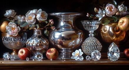 Fototapeta na wymiar A still life painting featuring sports equipment, serveware, vases, flowerpots, glass, jewellery, and drinkware on a table