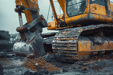 Fototapeta premium Yellow excavator scooping up dirt and debris at construction site