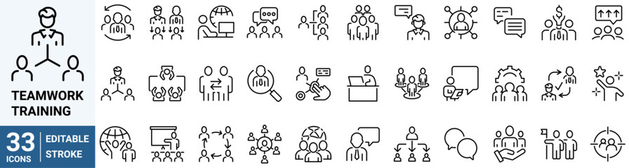 Teamwork training line icons related team, co-workers, cooperation. Linear busines simple symbol collection. vector illustration. Editable stroke