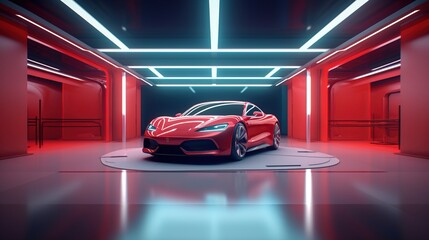 Unbranded red sport car on futuristic garage featuring. 3d Rendering background