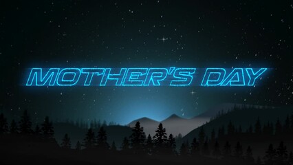 Celebrate Mothers Day under a starry night sky with this beautiful neon blue text on a dark background, surrounded by serene forest trees