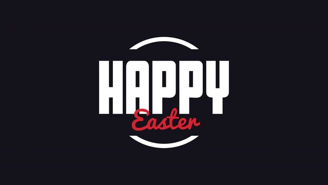 Colorful Happy Easter logo with red letters on black background, black border. Bold font for happy and script font for Easter. Ideal for event promotions