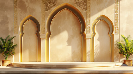 luxury 3d islamic display podium with arched doorways golden background. islamic podium banner for product display, presentation, cosmetic, ramadan sales. - obrazy, fototapety, plakaty