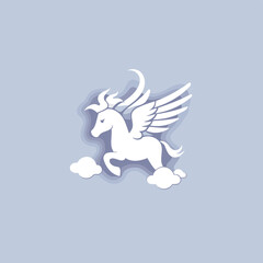 Unicorn icon with wings and clouds. Vector Illustration.