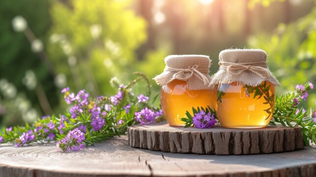 Illustration of a rustic and attractive image of a handmade natural honey jar presented on a wooden background with flowers.