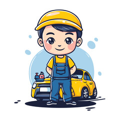 Obraz na płótnie Canvas Cute cartoon mechanic standing near the yellow car. Vector illustration.