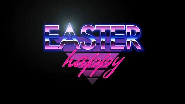 A vibrant neon sign spelling Happy Easter in purple and pink letters, illuminated against a dark background with a futuristic appeal
