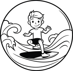 Boy surfing in a circle on a surfboard. Vector illustration.