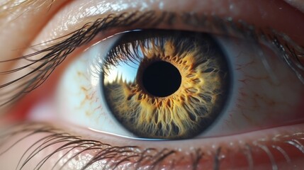 Closeup of a brown eye with a white pupil macro photography - obrazy, fototapety, plakaty