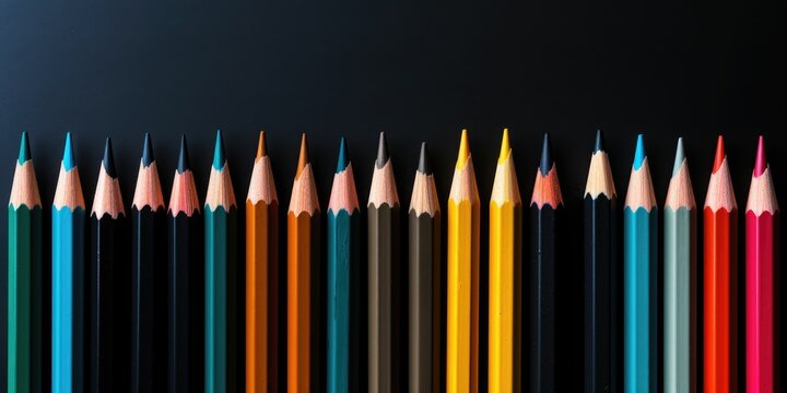 Pencils set of different colors in a row on a black textured background