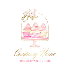 Beautiful Pink Cupcakes in Muffin Holder. Hand Drawn Watercolor Logo