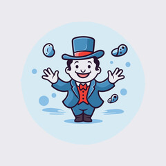 Cartoon man in a top hat and suit juggling balls. Vector illustration.
