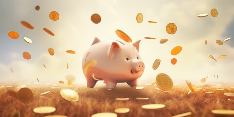Piggy bank falling coins onto the table. Savings and investment - obrazy, fototapety, plakaty
