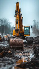 Yellow excavator scooping up dirt and debris at construction site