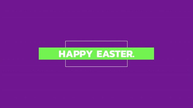 A simple Easter greeting with green Happy Easter on a purple background. The words are outlined in white and have a green border
