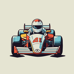 Cartoon racing car. Vector illustration of a racing car with helmet. - obrazy, fototapety, plakaty