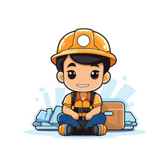 Vector cartoon of a cute little boy in a helmet sitting on the floor and holding a briefcase.