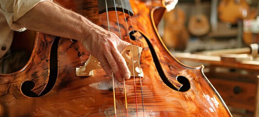 Master luthier checks the cello strings, generative AI